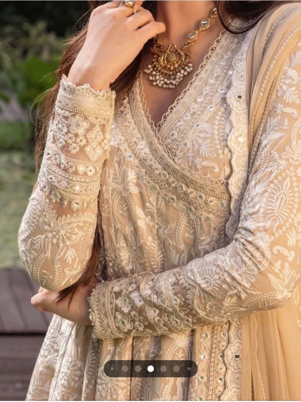 Embroidered beige Long-Sleeve Women's Dress with Dupatta - Picture 2 of 4